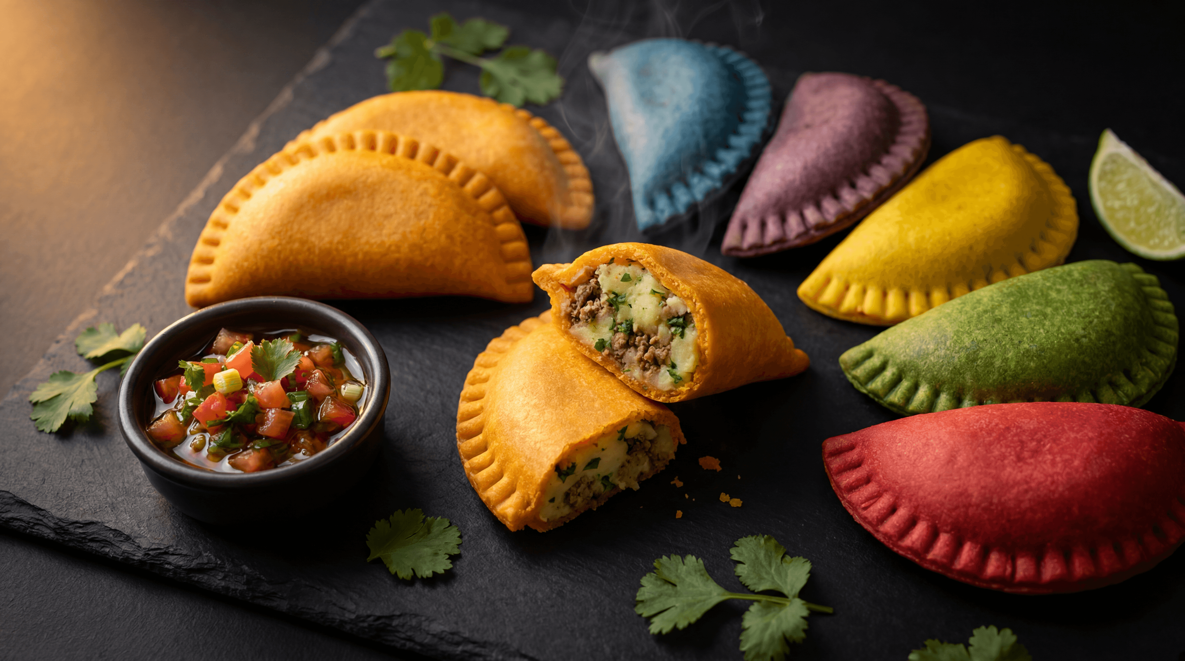 Fresh Real Empanada — golden, crispy, authentic Colombian empanadas on dark slate